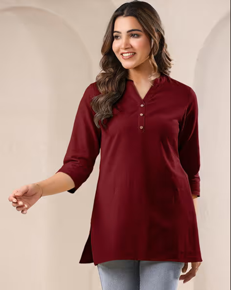 Janasya Women's Cotton Plain A-Line Top with 3/4 Sleeve, Side Slit Perfect for Casual Wear