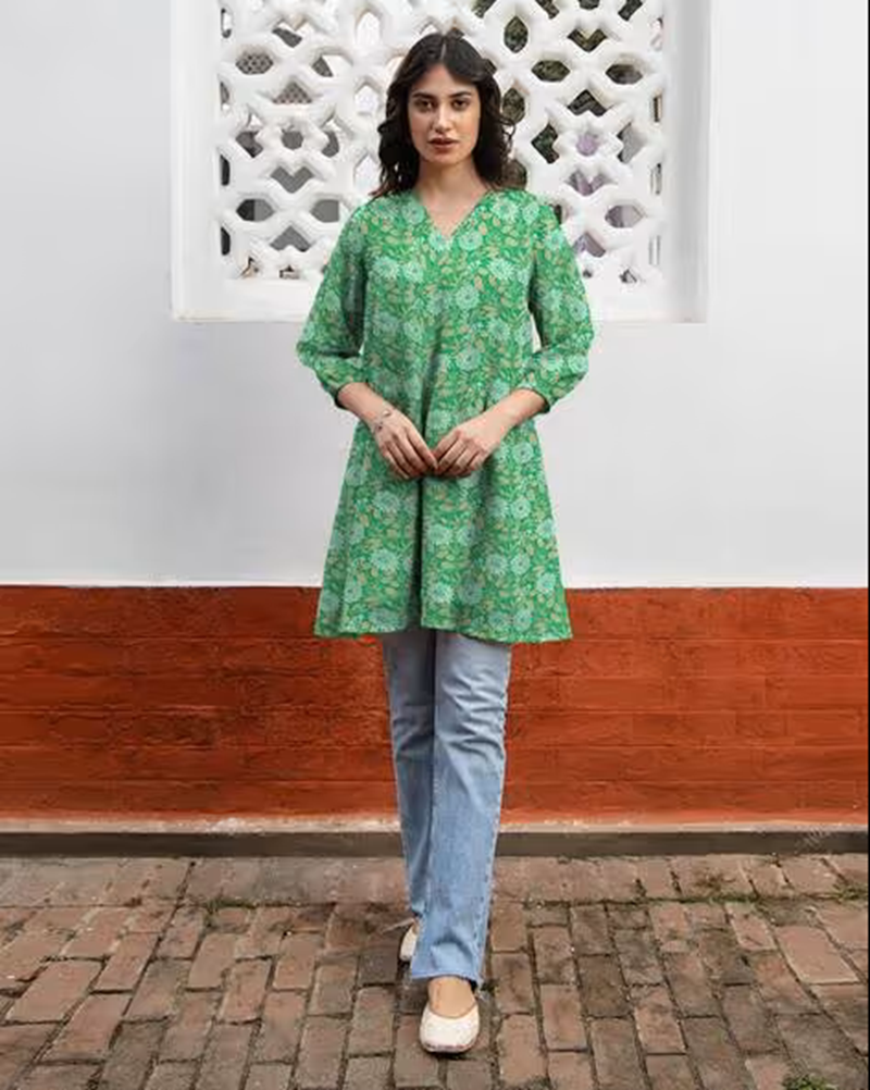 Janasya Women's Pure Cotton Floral Printed Flared Tunic
