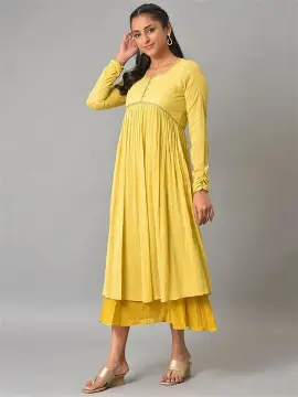 Aurelia Women's Cotton Yellow Flared Dress Midi