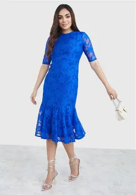 Styli Lace Sheath Midi Dress – Lace Insert Self Design, and Woven Design. Stylish and Comfortable Everyday, Chic,Party Look Dress for Women