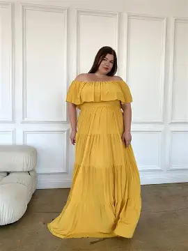DEEBACO Solid Smocked Rayon Women's Plus Size Tiered Dress|Halter Neck Short Bell Sleeves|Summer Western Party Casual Wear Stylish Dress Collection for Ladies