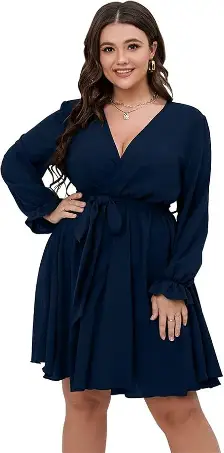 CATKOO Women Long Sleeve Dress with Drawstring V Neck Plus Size Mini Dress