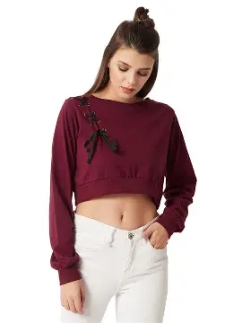 Miss Chase Women's Super Soft Round Neck Full Sleeves Solid Boxy Crop Top