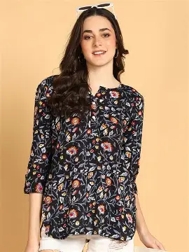 JAIPURFAME Women's Floral Printed Cotton Top - Stylish Long Top with Mandarin Collar, Perfect for Jeans, Ideal for Casual & Ethnic Wear