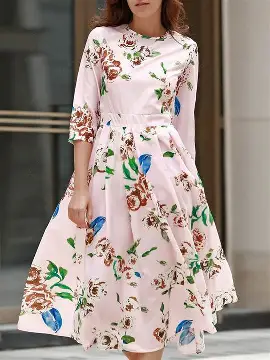 idaLia Designer Dresses for Women - Floral Printed Cotton A-Line Dress with Pockets - Women Dresses - 3/4 Sleeve, Round Neck, Flared Hem, Fusion Dress