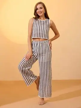 Globus Women Polyester Striped Top & Trouser Co-Ord Set