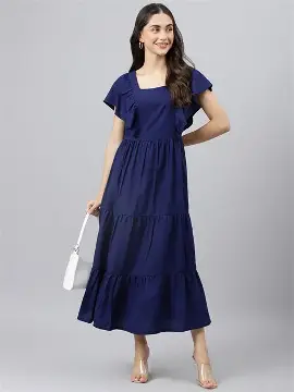 DEEBACO Solid Rayon Smocking Tiered Dress for Women's|Short Layered Bell Sleeves Square Neck Above Knee Length Dress|Summer Wear Girls Dress Western Party Casual Wear Outfits for Ladies