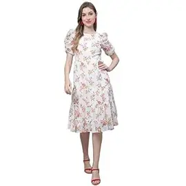 Mini & Ming Women's Off White Floral Printed Square Neck Tiered Midi Dress