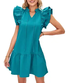TNIU Women Short Sleeve Mini Dress Ruffles Stand Collar A-line Sundress