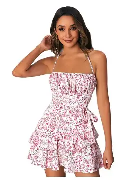 Floerns Women's Sleeveless Halter Backless Tie Back Floral Bodycon Mini Dress