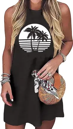 Sun Salt Sand Coconut Tree Sleeveless Mini Dress Casual Sleeveless Summer Beach Vacation Women Workout Mini Dress, Dark Grey-02, X-Large