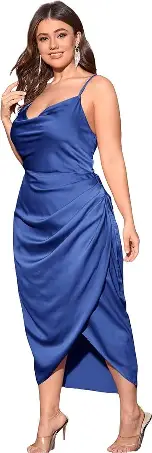 Floerns Women's Plus Size Satin Spaghetti Strap Cowl Neck Wrap Party Cami Dress