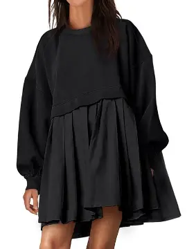 ANRABESS Women Sweatshirts Dress Oversized Long Sleeve Patchwork Casual Loose Pleated Pullover Mini Dress Fall Outfits 2024