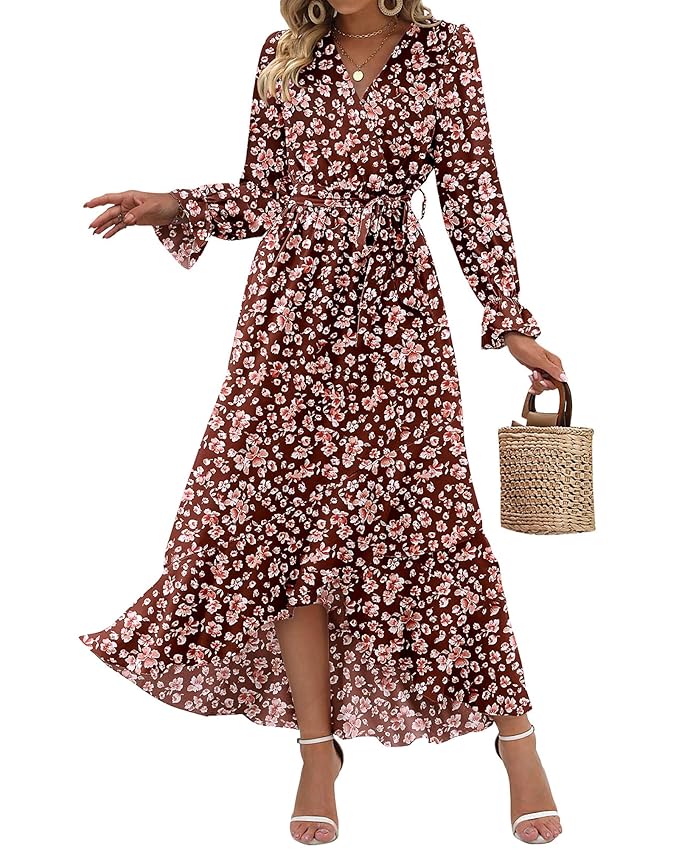 BTFBM Women Long Sleeve V Neck Boho Floral High Waist Flowy Ruffle Maxi Dresses 2024 Spring Summer Dresses with Belt