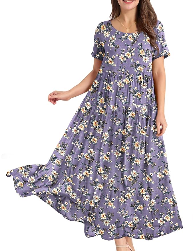 YESNO Women Casual Loose Long Maxi Bohemian Floral Dress Layered Lightweight Summer Beach Short Sleeve Swing Dress/Pockets EJF