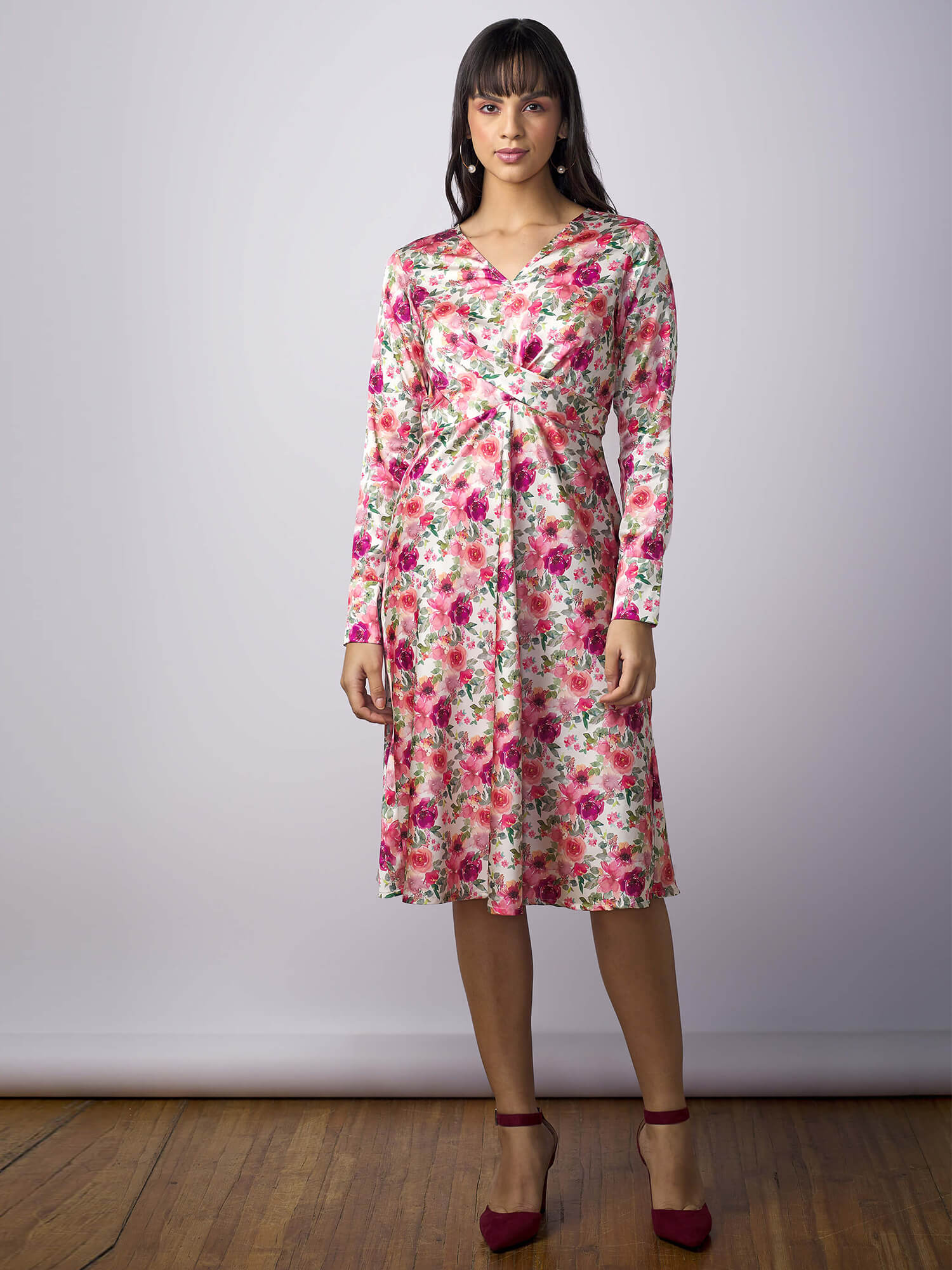 Salt attire Meghan Full Sleeve V-Neck Multicolor Floral Draped A-Line Dress