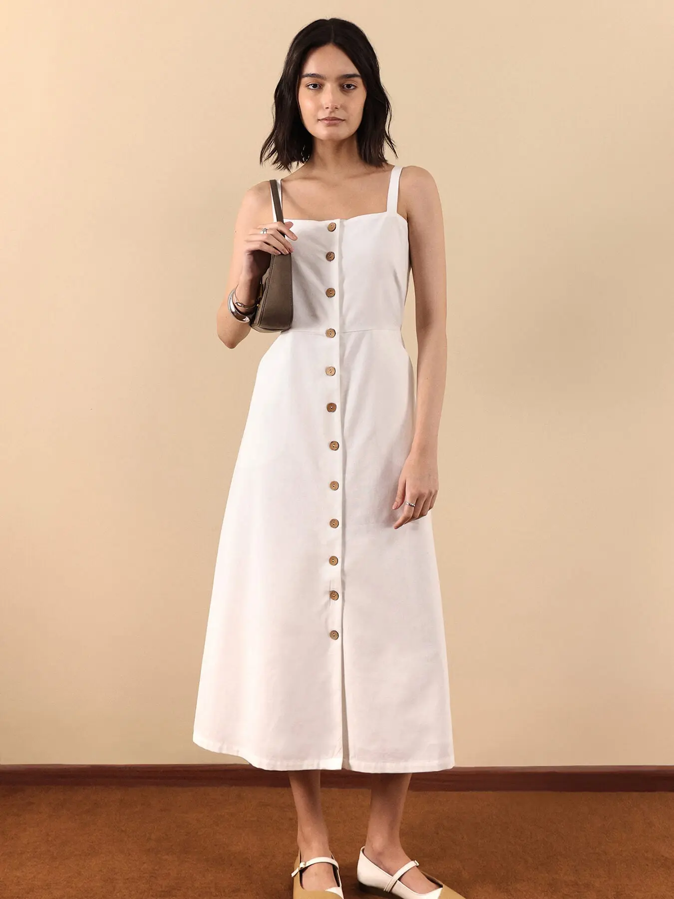 FableStreet Women's Polyester Square Neck Shift Midi Dress - Off White