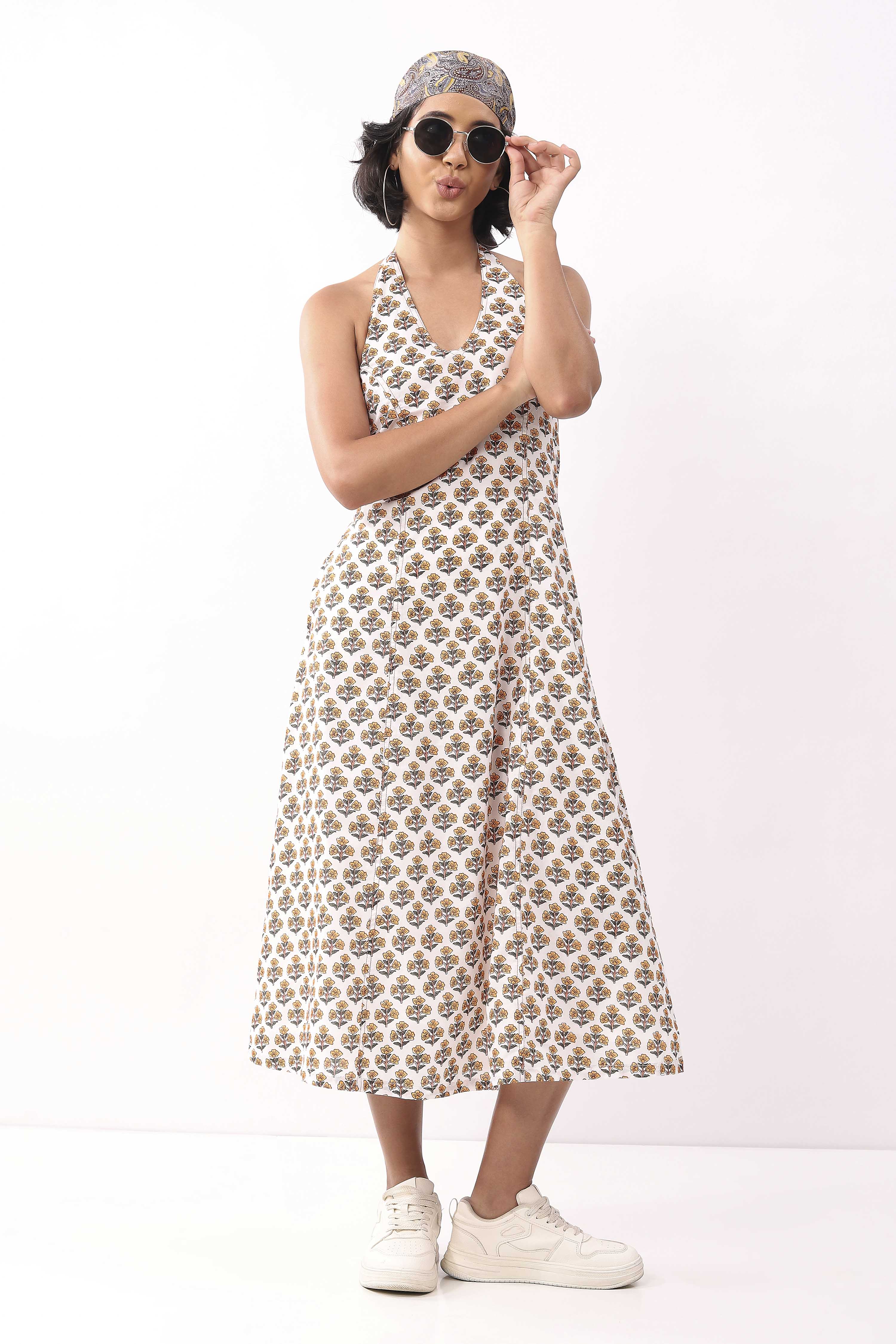 BIBA Women White Cotton A-Line Dress