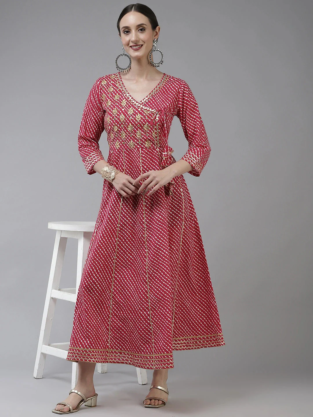 YUFTA Women Pink Embroidery Cotton Pleated Dress