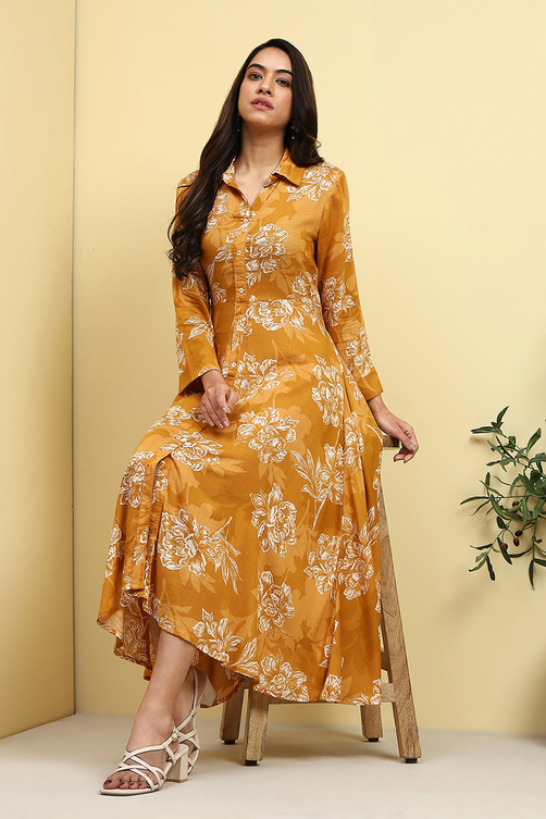 BIBA Women Mustard Cotton Tiered Dress