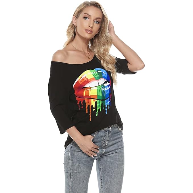 Magicmk Women Women Casual Plus Size Sexy Off Shoulder Lip Print T Shirt