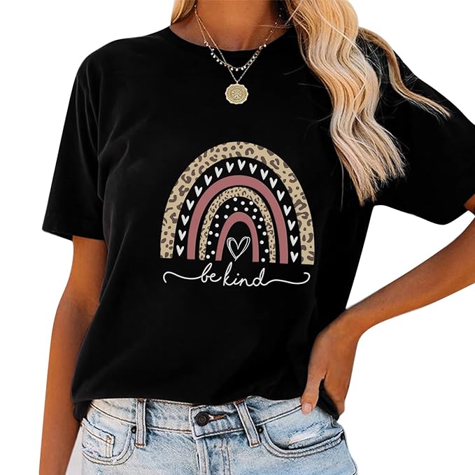 Be Kind Rainbow Shirts for Women Short Sleeve Letter Printed Inspirational Tee Shirts