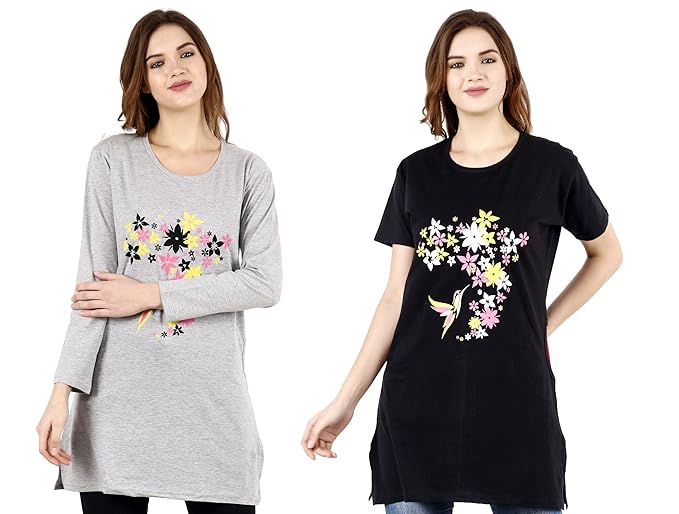 CRAFTLY Women's/Ladies/Girls Long Polo T-Shirts | Slim Fit Solid T-Shirts | Tops Stylish Round Neck Regular Fit Cotton Half Sleeve Shirt Combo (Pack of 2)