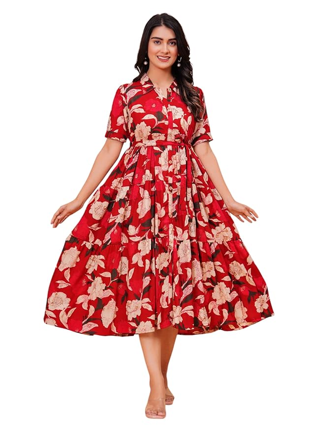 Jikonet Women's Western Dress Floral Printed Cotton Maxi Dress