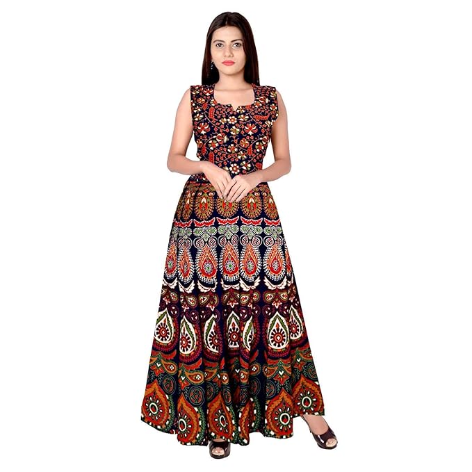 Monique Brand Present Rajasthani Traditional Cotton Designer Long Midi Maxi Dress in Jaipuri Printed (Free Size Upto 42XL) Red