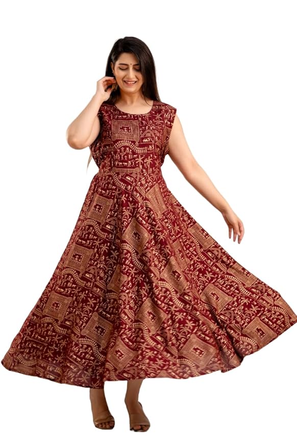 JALMALA’s Free Size Calf-Length Dress: Tribal Print, Round Neck-line, Extra Sleeves Attached Inside, Waist Belt Adjustable Fit || Kurti, Kurta, Dress or Gown for Teenage Girls & Women