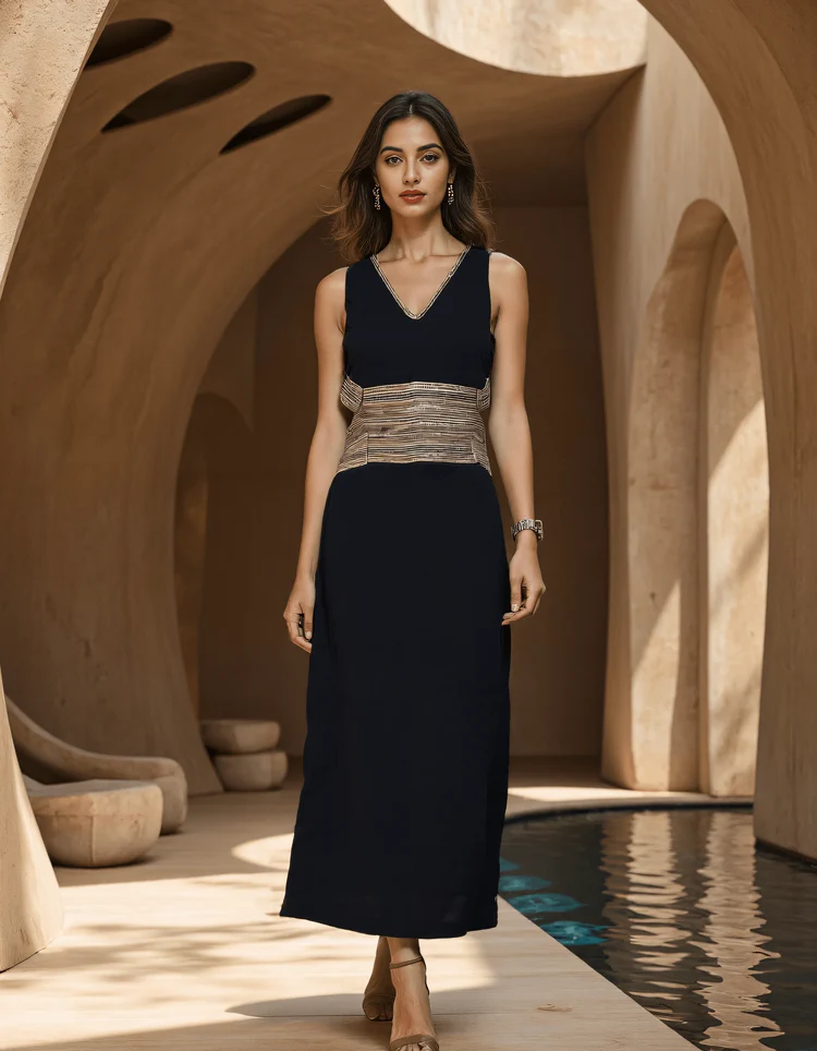 NAAVA Onyx Black Statement Dress I Long Dress for Women I Cotton Maxi Dress I Ankle Length Maxi Dress I Women One Piece Long I Sleeveless Dress I A-Line Dress I Western Black Dress