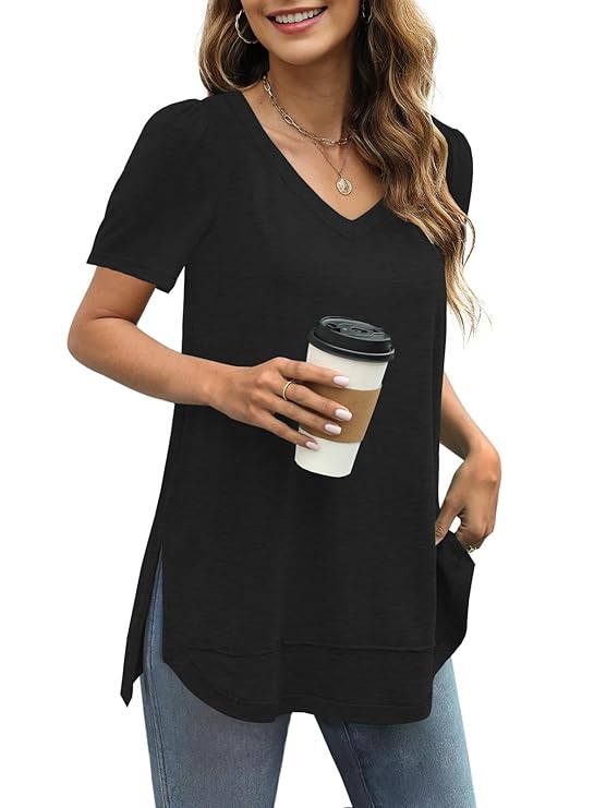 JomeDesign Summer Tops for Womens V Neck Short Sleeve T Shirts Loose Fit Side Split Tunic