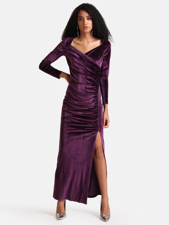 Kazo Solid Velvet V Neck Women's Maxi Dress