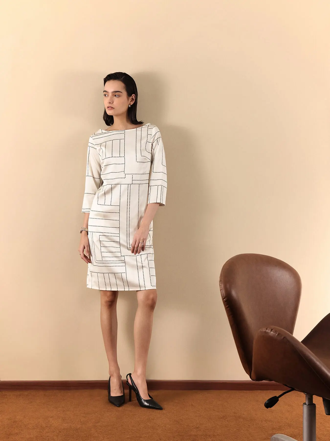 FableStreet Satin Shift Dress - Off White and Black