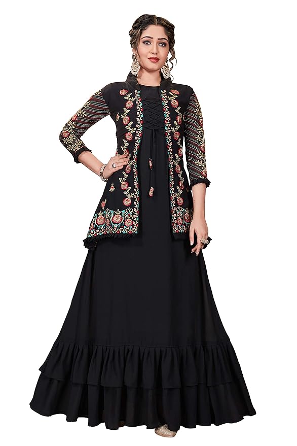 Miss Ethnik Women's Faux Georgette Semi Stitched Top With Faux Georgette Jacket Solid Flared Top Dress Material