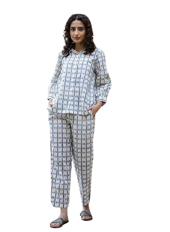 SAY Night Suit for Womens Printed White Pure Cotton Top with Trousers