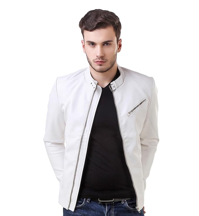 Leather Retail Faux Leather Men's White Solid Biker Jacket