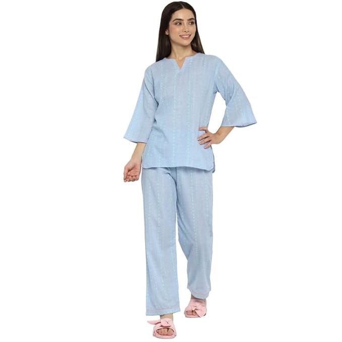 Shopbloom Pure Cotton Notched Collar Lips Don't Lie Print Short Sleeve Women's Night Suit Set with Pajama | Night Dress | Nightwear for Ladies