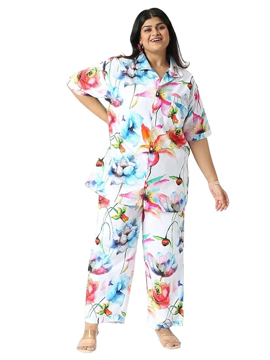 GUNIAA DreamLuxe Multi-Color Digital Printed Cotton Co-ord Nightwear Set for Women | Regular & Plus Size | Half Sleeves | Convertible Collar | Tailored Fit