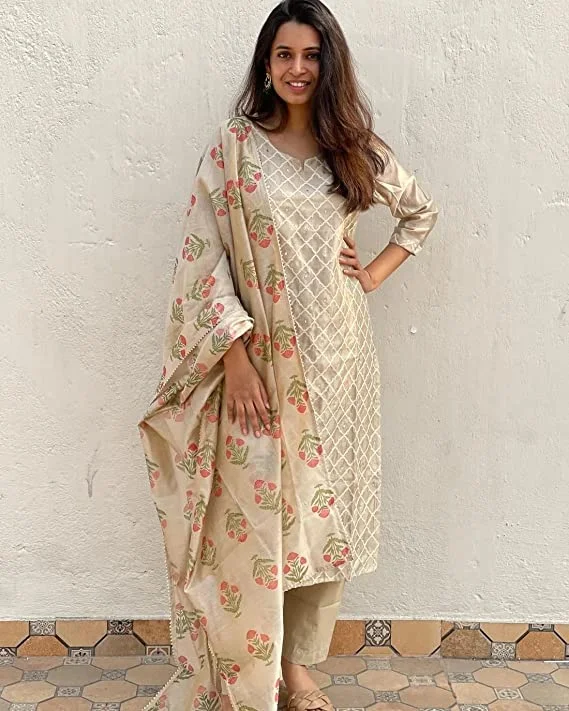 GoSriKi Women's Cotton Blend Embroidered Straight Kurta with Pant & Dupatta