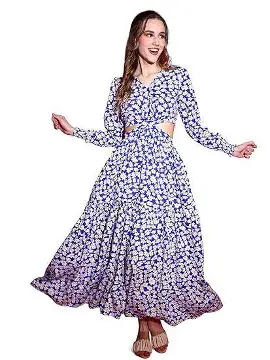 Sheetal Associates Women's Crepe Fit and Flare Printed Full Sleeve V-Neck Casual Dress