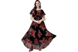 Fashion2wear Women's Georgette Floral Digital Print Short Sleeve Full-Length Fit & Flare Long Gown Dress for Girls (ET-CYWN-E1LE)