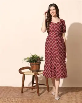 Fashion Dream Women’s Cotton Blend Printed Calf Length Dress|Printed Dress|Midi Dress|A-line Dress|Printed Calf Length Dress