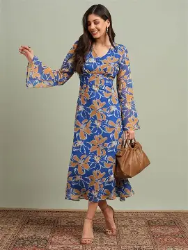 Globus Women Printed Casual V-Neck A-Line Dress