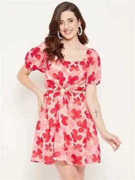 ROMONIA Georgette Regular Fit Floral Mini Dress for Women & Girls with Elegant Design | Stylish & Comfortable Outfit | Ideal for Casual Outings, Parties, Events & Special Occasions (Multi)