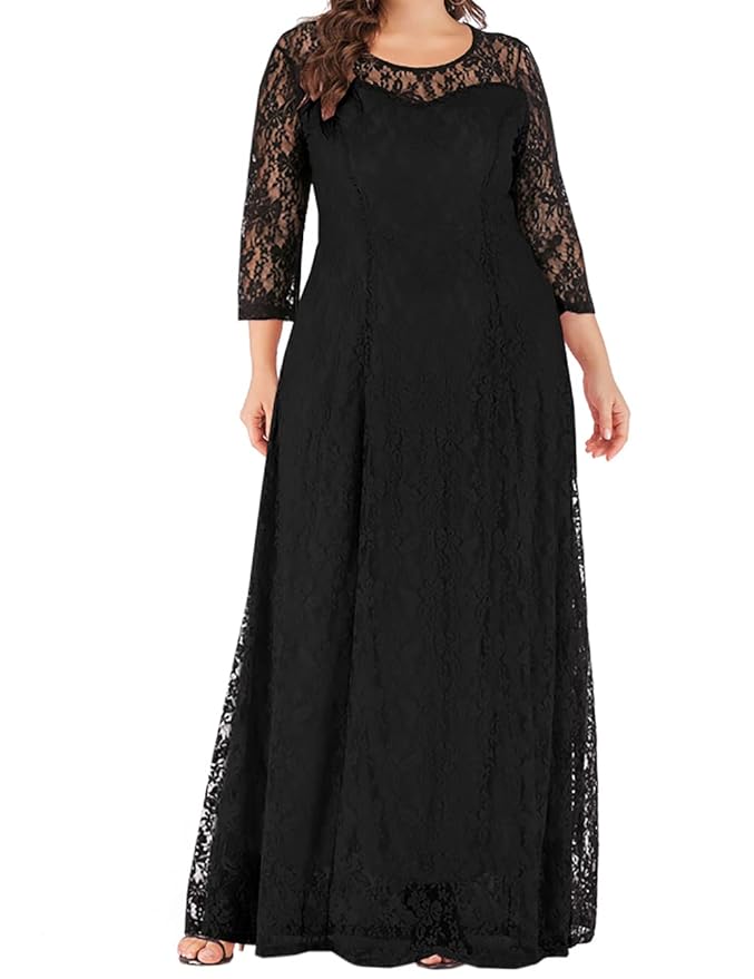 Women's Plus Size Lace Chffon Long Maxi 3/4 Sleeve V-Back Formal Dress