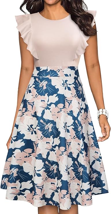 YATHON Women's Vintage Ruffle Floral Flared A Line Swing Casual Cocktail Party Dresses