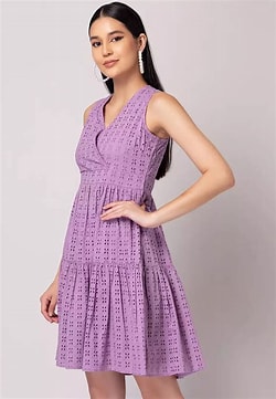 FabAlley Women Lilac Schiffli Cotton Mini Dress