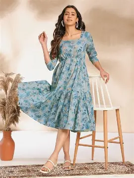 W for Woman Women's Fit and Flare Cotton Blend and Blue Floral Printed Flared Long Dress Calf Length