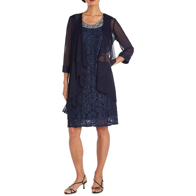 R&M Richards Women's Two Piece Fly Away Jacket Over Beaded Neck Laced Dress